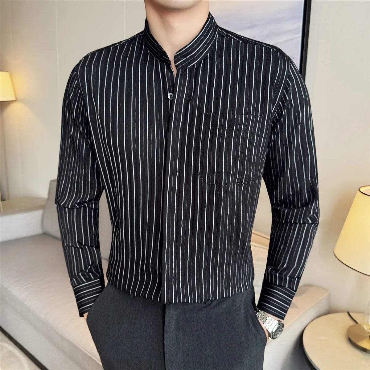 Men's Striped Stand Collar Long Sleeve Single Breasted Shirt