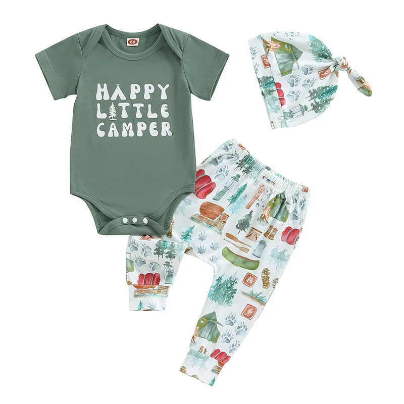 0-12M Newborn Baby Boys Clothes Set - Letters Print Short Sleeve Romper with Trousers and Hat Outfit