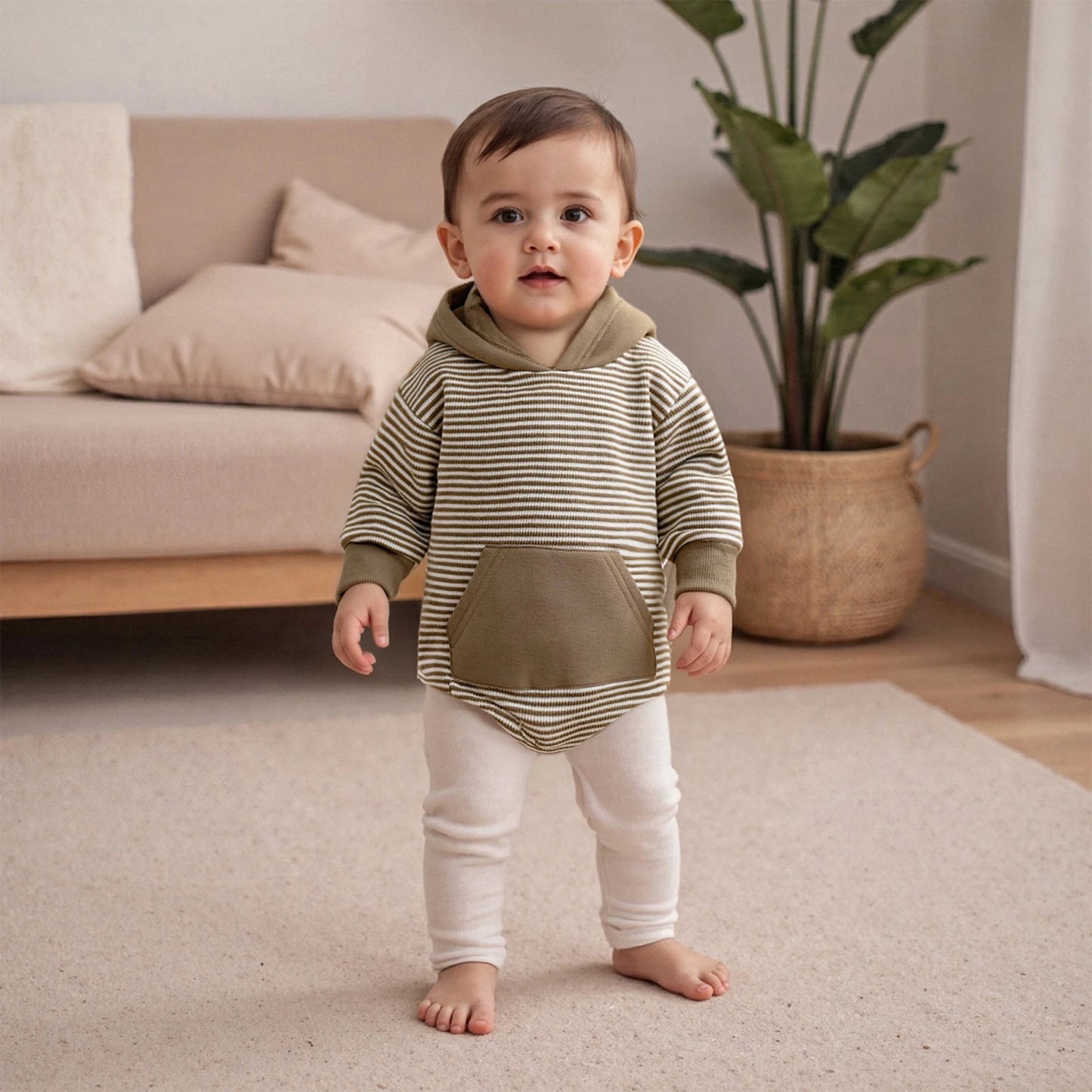 Newborn Baby Boys Fall Romper - Long Sleeve Hooded Stripe Bodysuit with Front Pocket (0-18M)