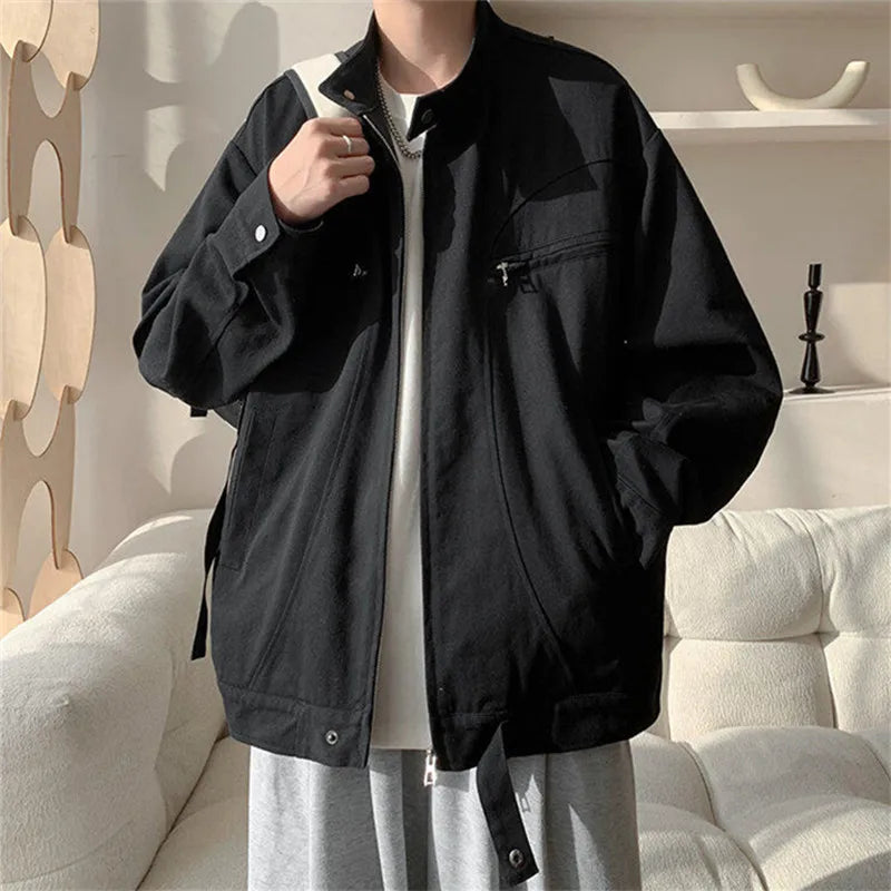 Men's High Street Patchwork Jacket - Cotton Stand Collar Loose Outerwear