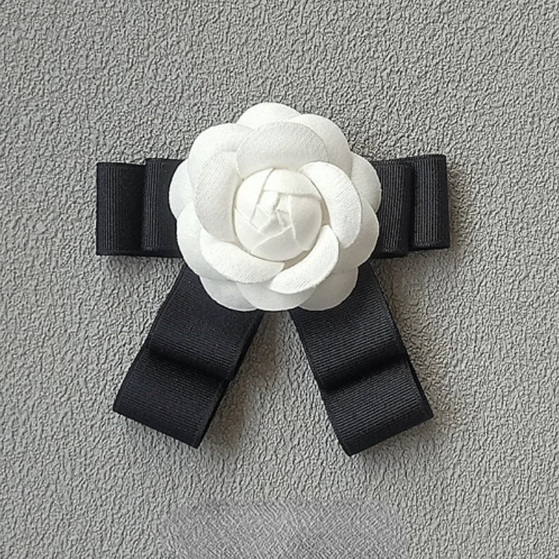 Fabric Camellia Flower Brooch - Ribbon Bow Tie Wedding Party Accessory