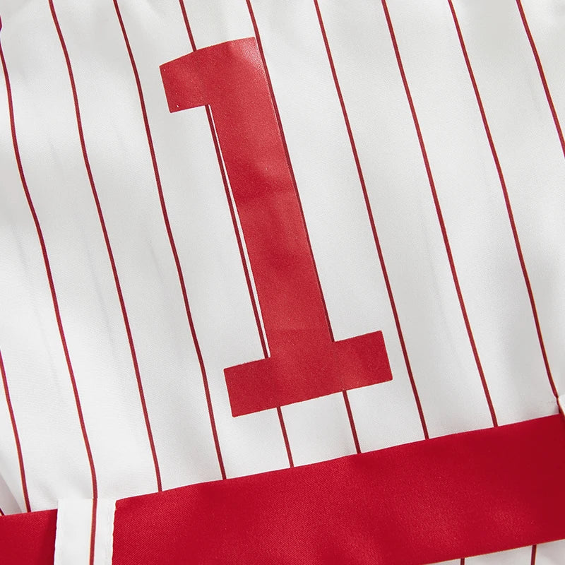 0-4Y Kids Girls Summer Baseball Dress Striped Short Sleeve Single Breasted Back Letter Print Dress with Belt