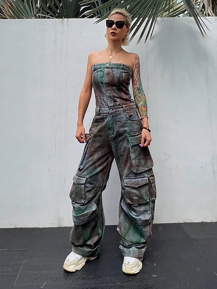 Women's Do Old Jumpsuit  - Strapless Sleeveless High Waist Loose Pant Patchwork Pockets Jumpsuit