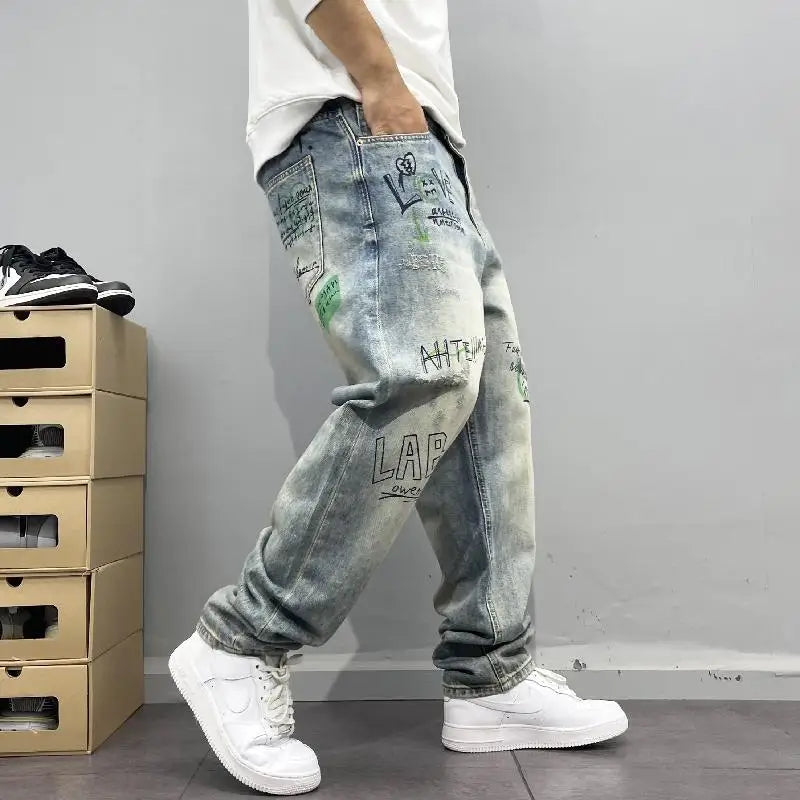 Men's Retro Print Straight Jeans - Loose Fit Hip-Hop