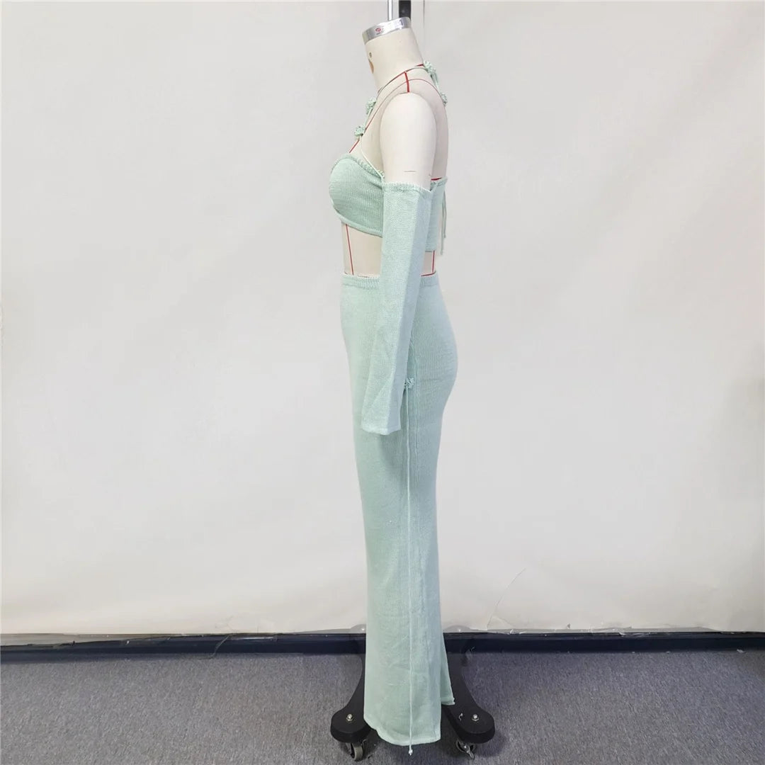 Knit Halter Tube Top & Slit Maxi Skirt Two-Piece Set