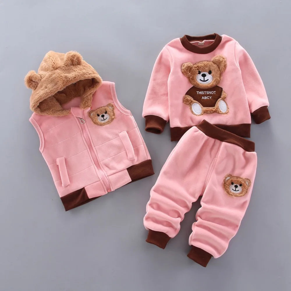 Children's Plush Warm Sports Three piece Set Little Bear Hooded Set Vest Long sleeved Sweater Set