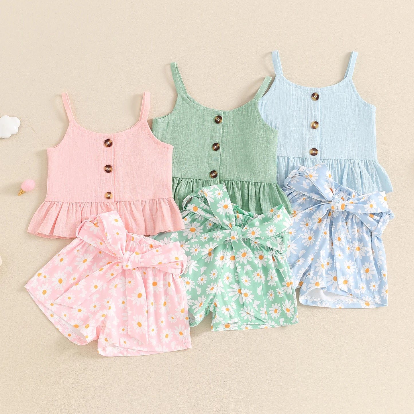 0-4Y Girls Summer Clothes Sets - Sleeveless Button Up Camisole Vest, Sunflowers Print Shorts Sets