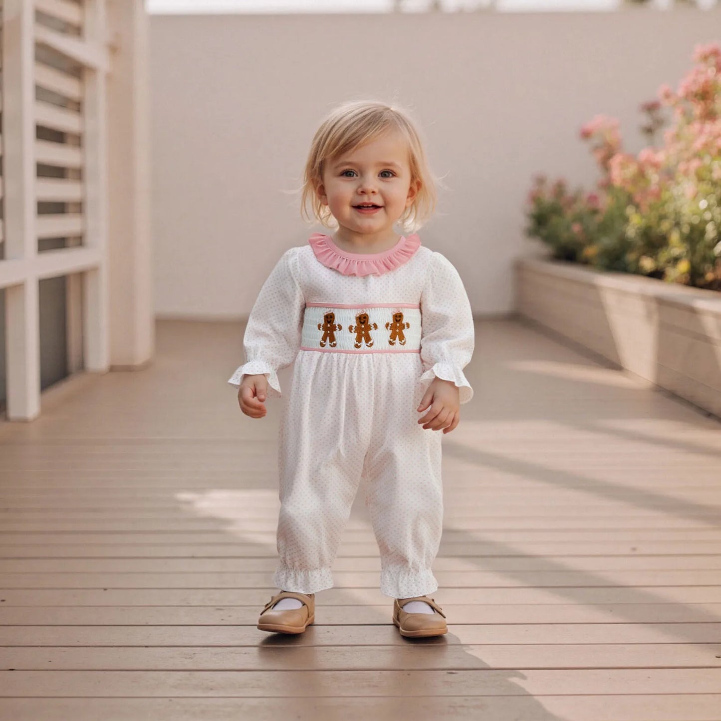 Baby Girls' Christmas Romper - Santa & Gingerbread Embroidery Smocked Long Sleeve Jumpsuit