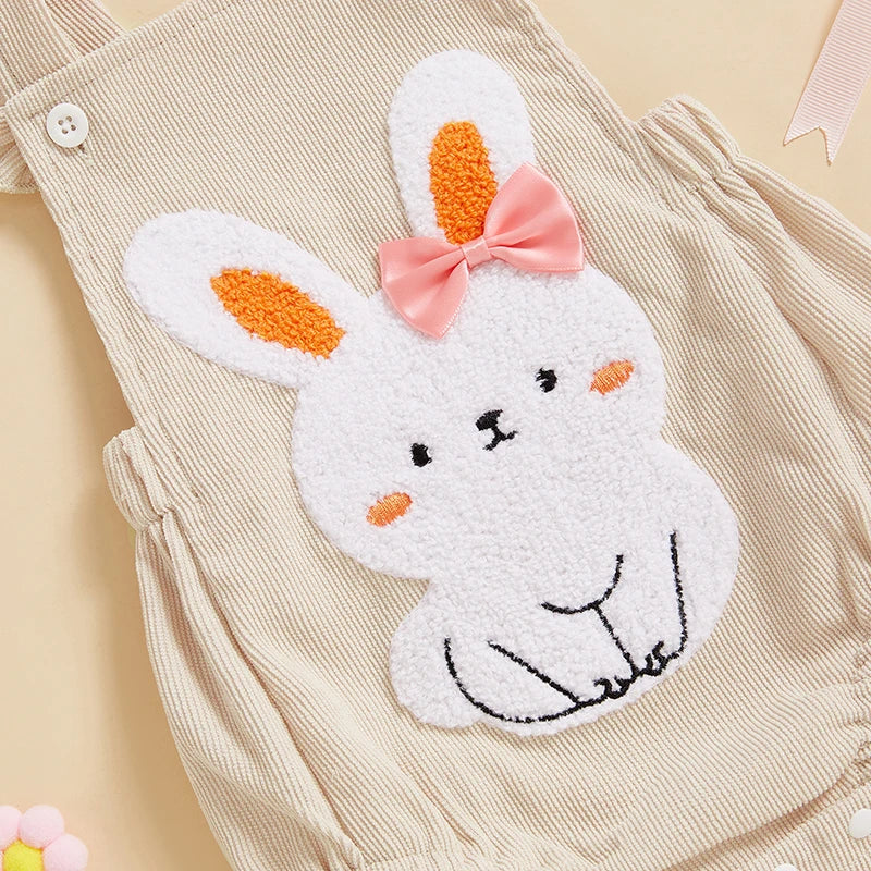 Infant Baby Easter Romper - Ruffles Flying Sleeve Rabbit Embroidery Jumpsuit with Headband
