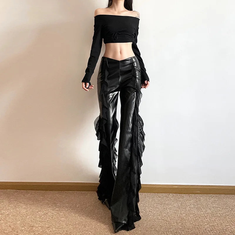 Women's Mesh Splicing PU Flare High Waist Slim Fit Black Long Trousers