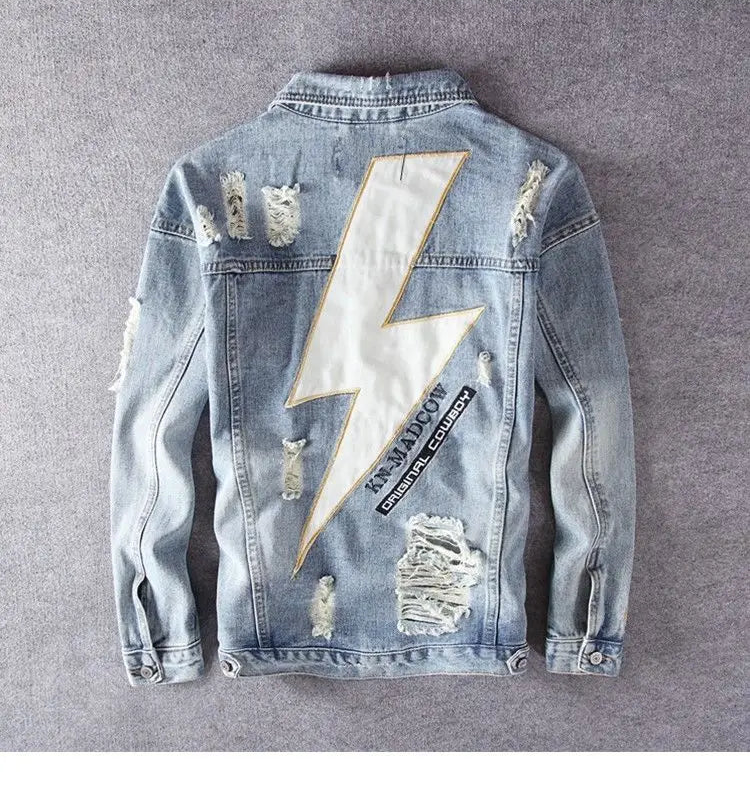 Men's Embroidered Denim Jacket - Retro Ripped Street Style