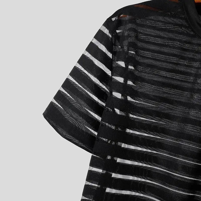 Men's Mesh Striped Round Neck Short Sleeve Transparent T-Shirt