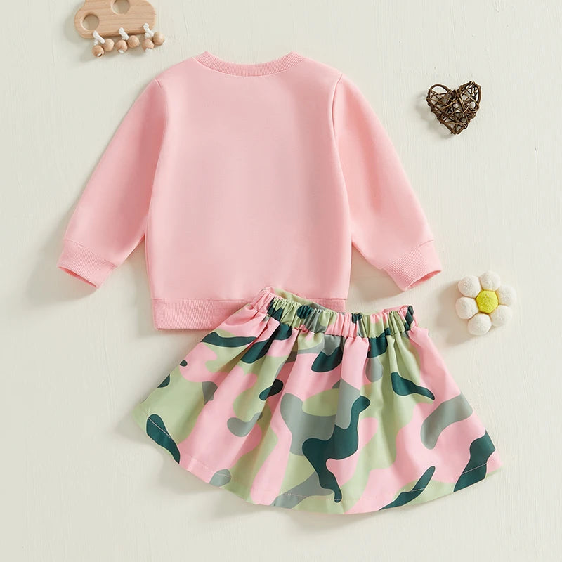 0-4Y Girls Set Long Sleeve Letter Embroidery Sweatshirt Camouflage A-Line Pleated Skirt