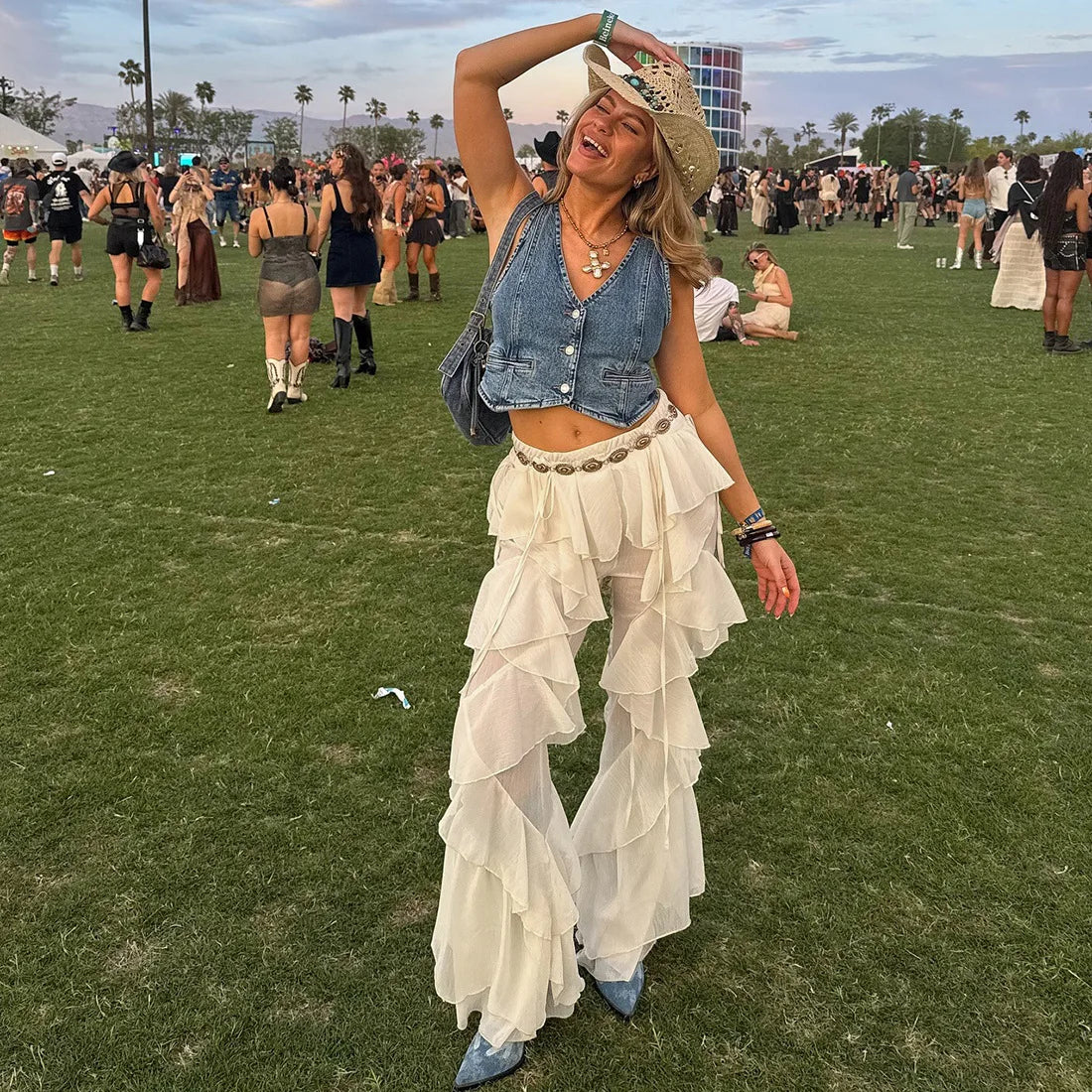 Women's Ruffled Tie Detail Flared Pants - Mesh Sheer Stretch Trousers