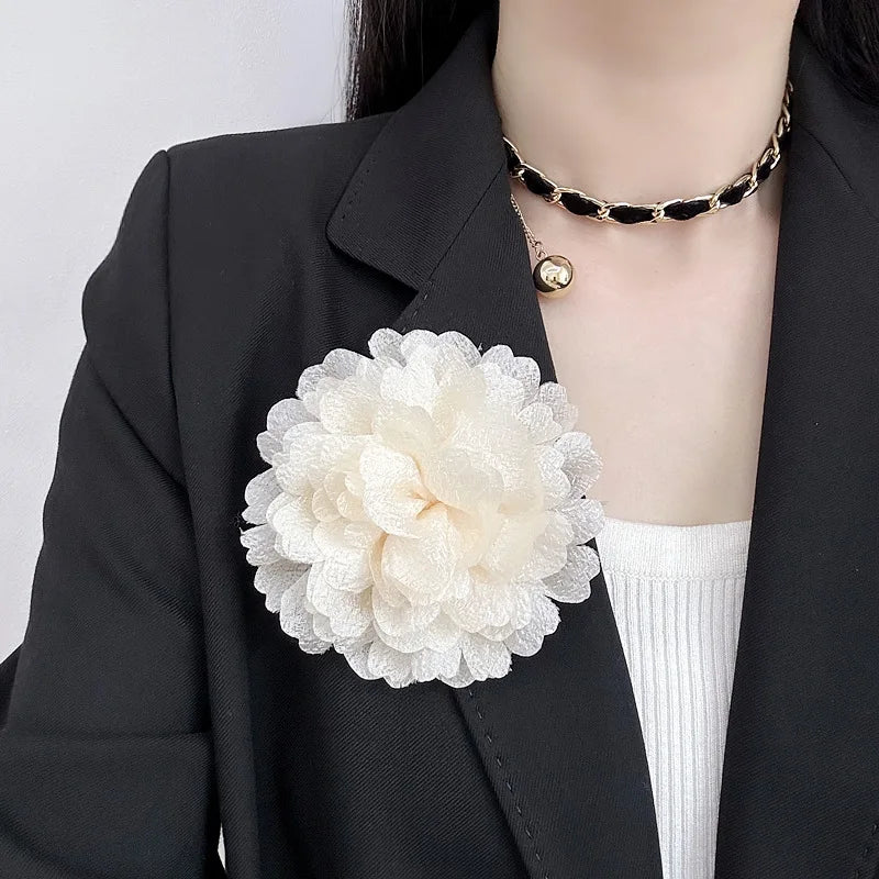 Camellia Chiffon Flower Brooch - Elegant Lapel Pin Wedding Corsage