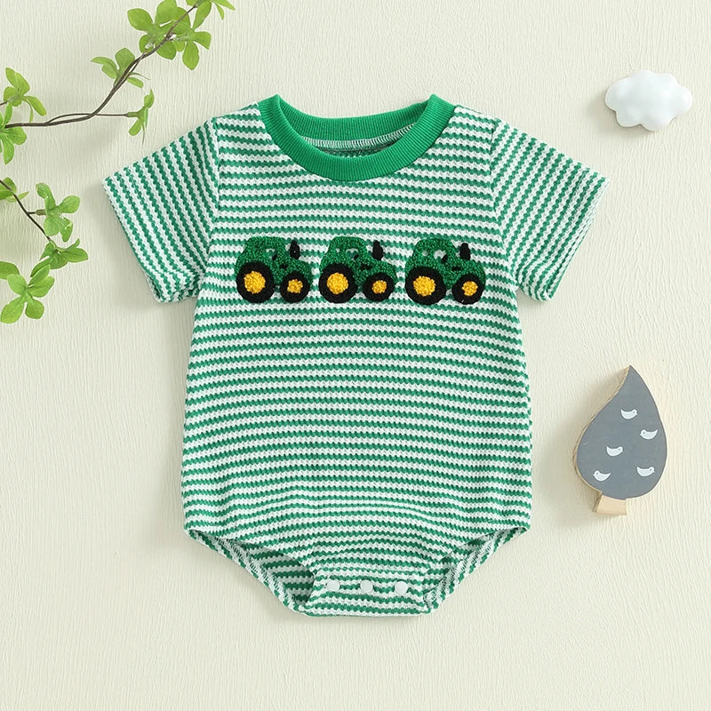 Baby Waffle Truck Embroidery Romper - Stripe Print Summer Jumpsuit (0-18M)