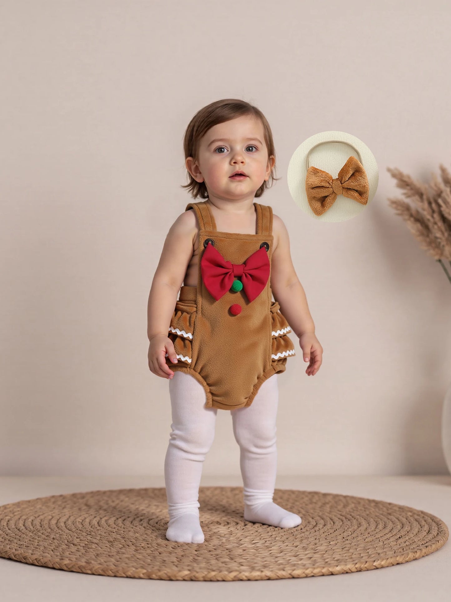Baby Girls' Christmas Romper Outfit - Gingerbread Man Sleeveless Jumpsuit with Hairband