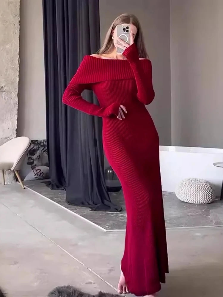 Women's Long Off-Shoulder Ribbed Loose High Waist Knitwear Maxi Dress