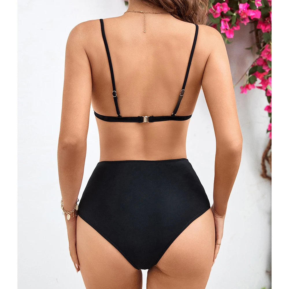 Women's 3-Piece Solid Bikini Set - Padded Bra, Tassel High Waist & Beach Skirt