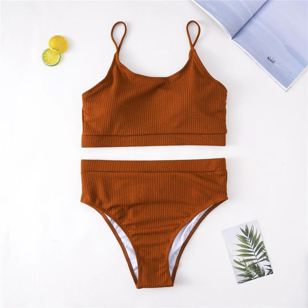 Ribbed Bikini Set - High Waist Two Piece Swimsuit