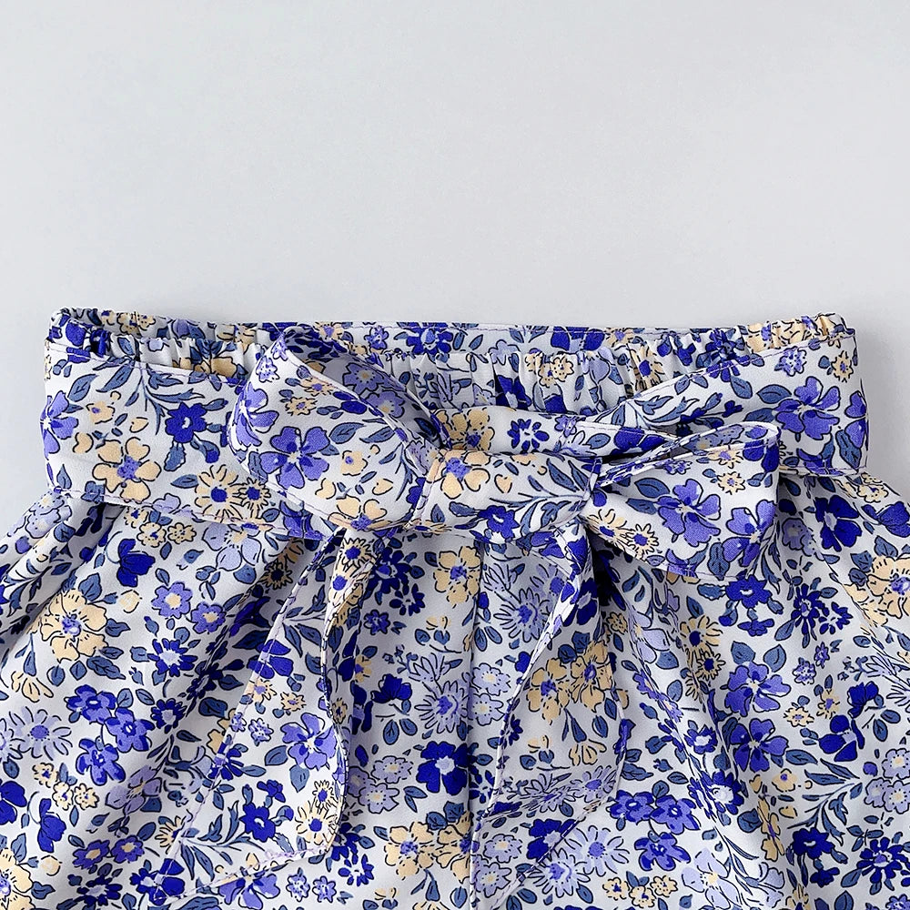 Girls' Summer Outfit Set - Solid Suspender Top with Floral Shorts 2-Piece