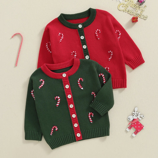 Toddler Baby Christmas Cardigan Sweater - Long Sleeve Button Down Candy Cane Embroidery