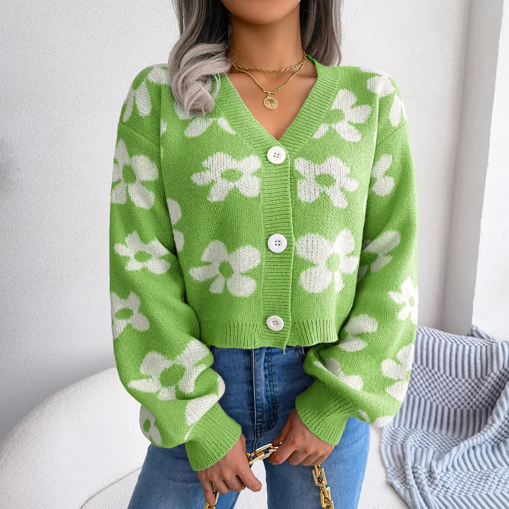 Women's Knitted Cardigan V Neck Single Breasted Sweater Flower Lantern Sleeve Jumper