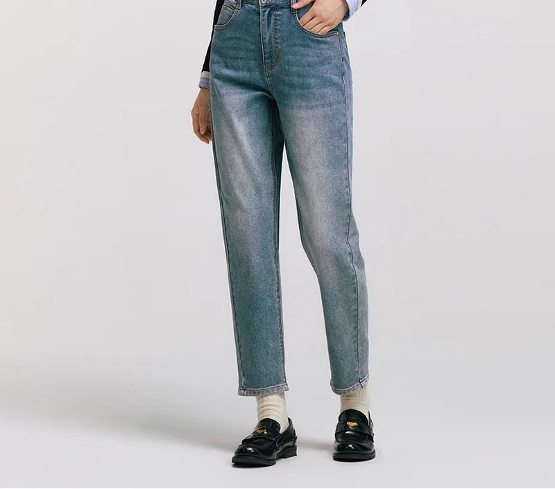 Women's Vintage Washed Tapered Jeans - Brushed Denim Loose Long Fit Winter Pants