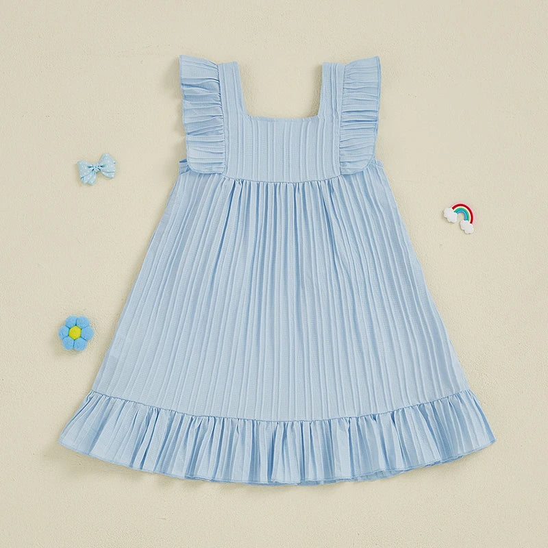 0-5Y  Kids Girls Dress Flower Embroidery Fly Sleeve Ruffles Hem Casual Summer A-Line Dress
