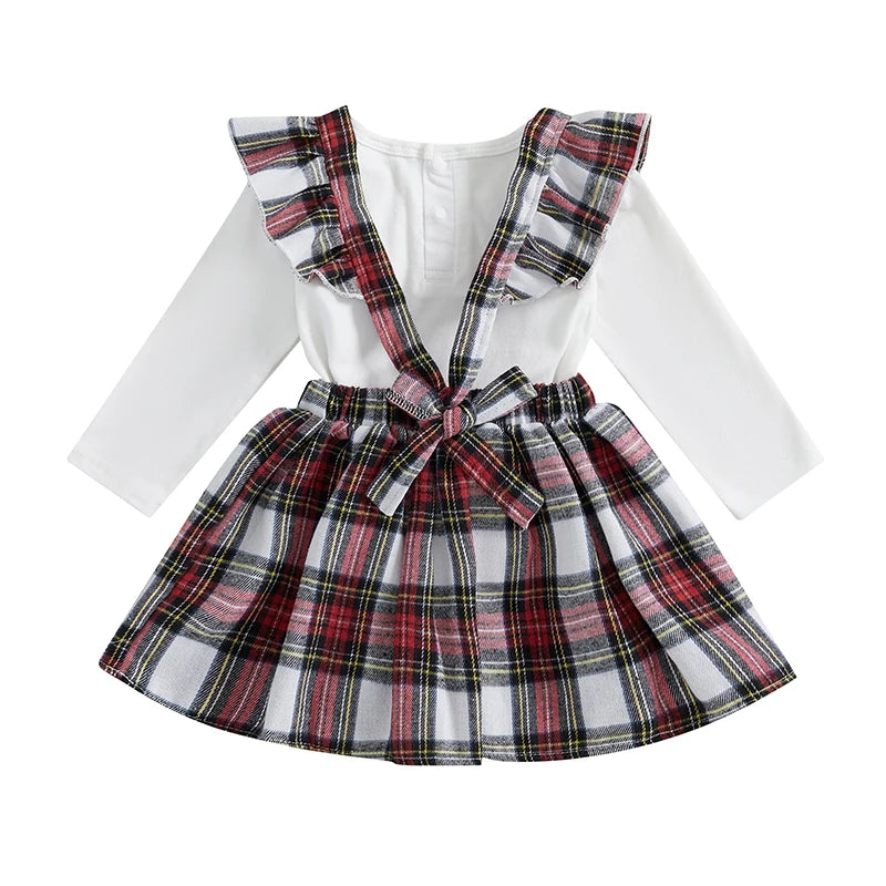 Christmas Ruffled Top and Plaid Suspender Dress Set - Baby Girls 2-Piece Outfit