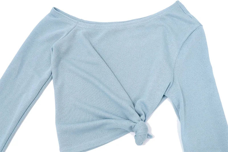 Women's Autumn Long Sleeve Asymmetrical Knit Top - Blue Cropped Slim Fit