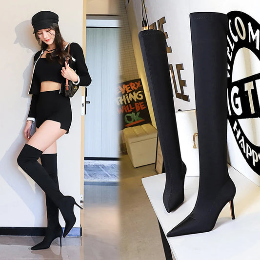Satin Over-the-Knee Boots - Pointed Toe High Heel Elastic Autumn Winter Boots
