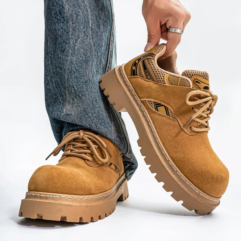 Men's Platform Suede Sneakers - Lace-Up Casual Outdoor Shoes