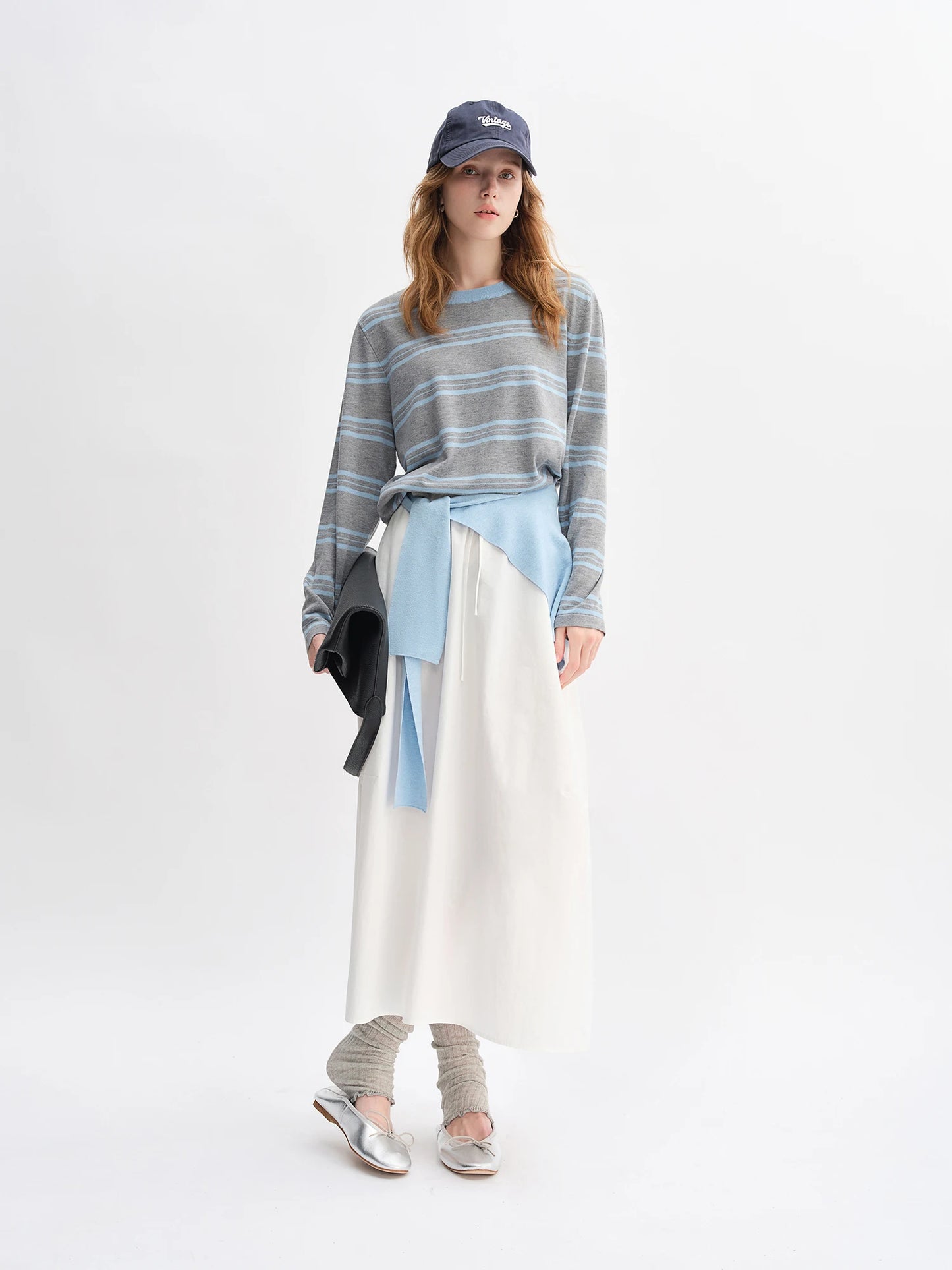 Striped Shawl and Sweater Skirt Set - Contrasting Knit Two-Piece