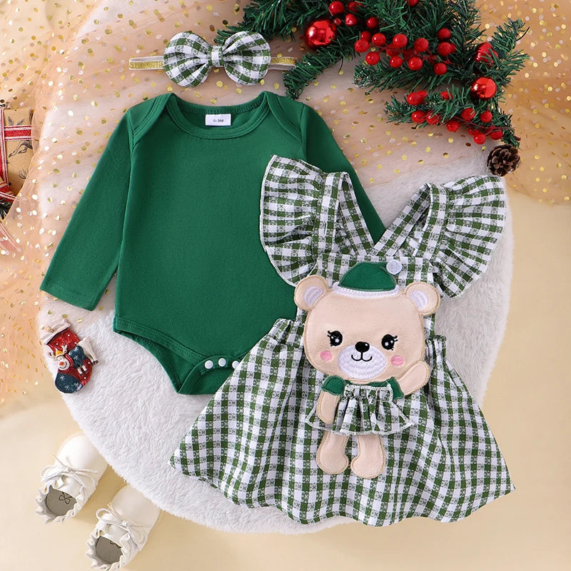 0-18M  Baby Girls Christmas Clothes Sets - Romper Cartoon Doll Embroidery Suspender Skirt Headband