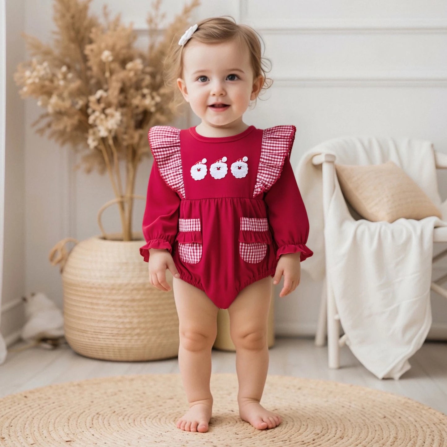 Baby Christmas Romper - Santa Plaid Ruffle Trim Long Sleeve Bodysuit with Pockets (0-18M)