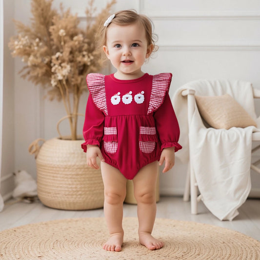 Baby Christmas Romper - Santa Plaid Ruffle Trim Long Sleeve Bodysuit with Pockets (0-18M)
