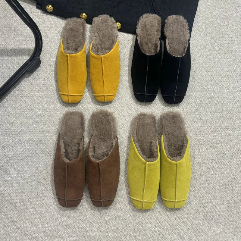 Women's Suede Square Toe Flat Slippers