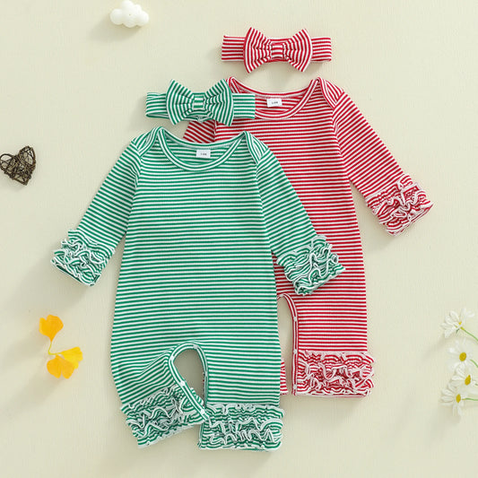 Baby Girls Striped Romper Outfit - Long Sleeve Full Length Jumpsuit with Bow Headband (0-18M)