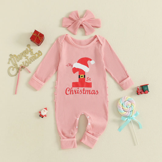 Baby Christmas Romper - Letter Hat Print Long Sleeve Jumpsuit with Headband (0-18M)