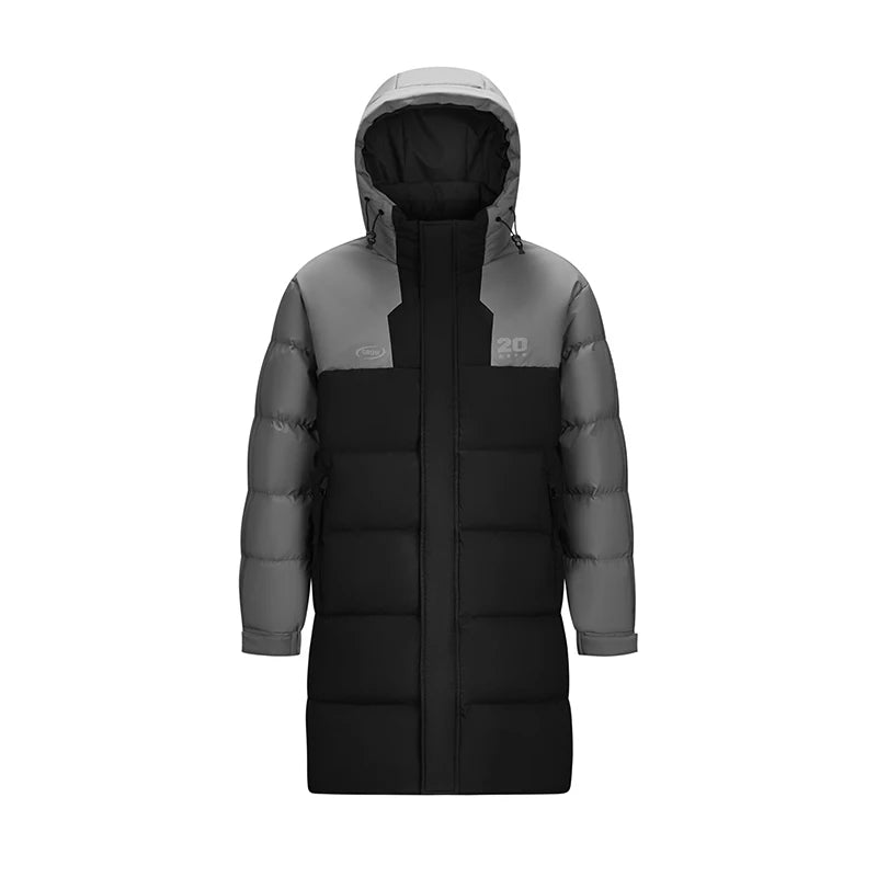 Mid-Length Down Jacket Men - Color Block Hooded Sports Style Winter Coat