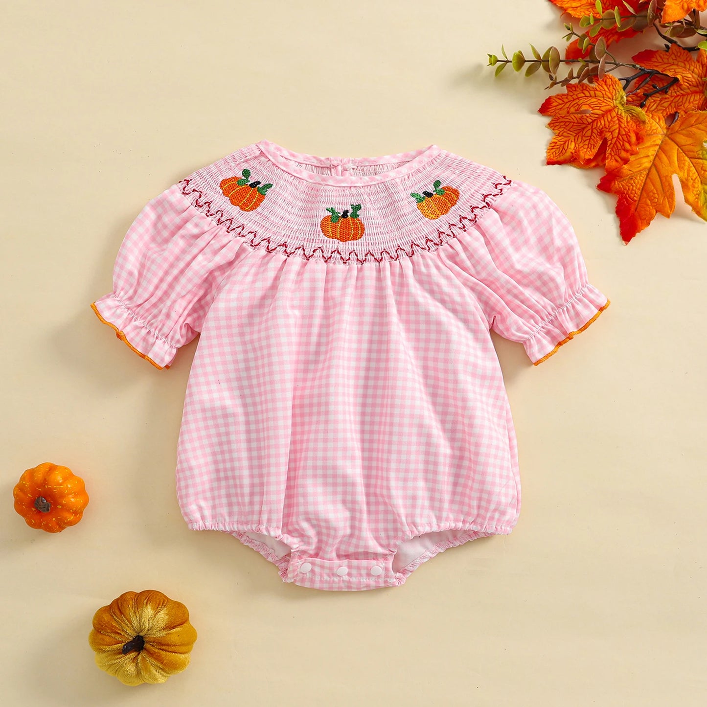 0-3Y Baby Girls Boys Romper Pumpkin Embroidered Plaid Print Short Sleeve Ruffled Jumpsuits