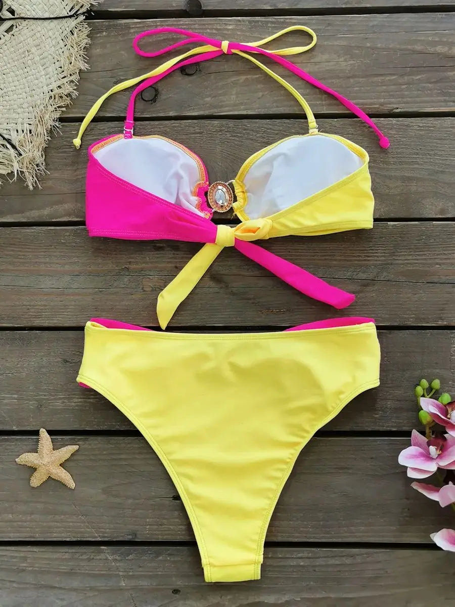 Women's Swimwear Thong Push Up Bikini High Waist Set