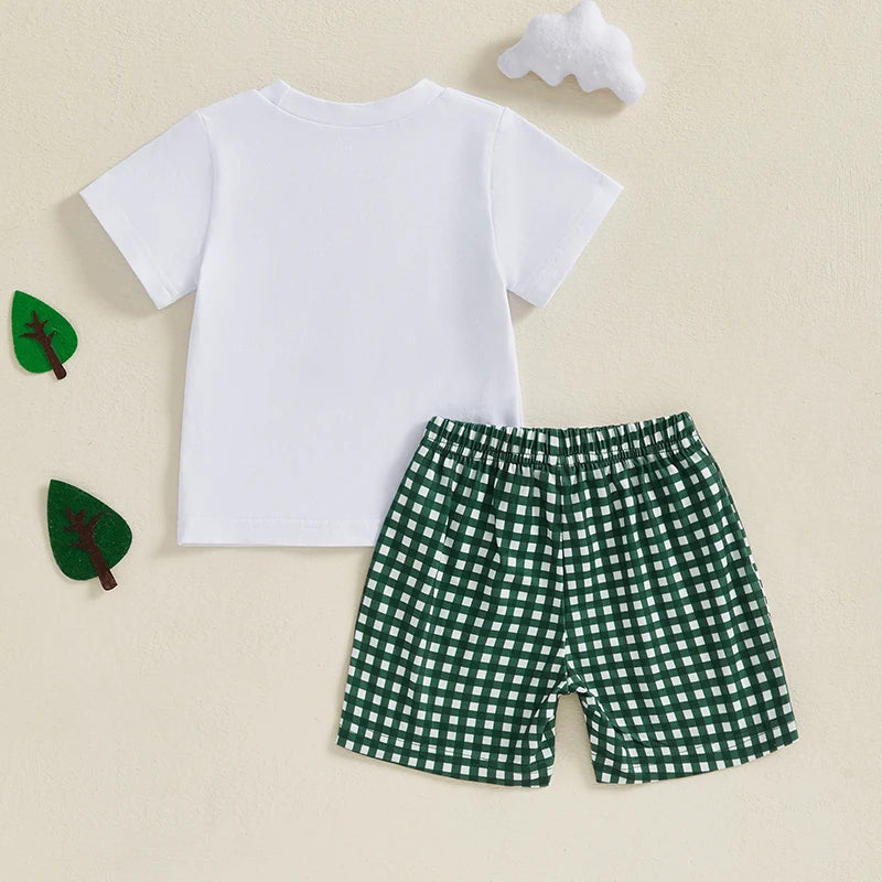 Baby Boys' Birthday Outfit Set - Cartoon Duck Letter Embroidery Short Sleeve Top & Plaid Shorts 2pcs