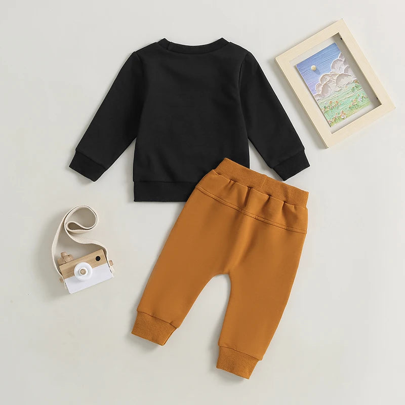 Infant Baby Boys Clothes Set 0-3Y Long Sleeve Letters Print Sweatshirt with Elastic Waist Solid Trousers