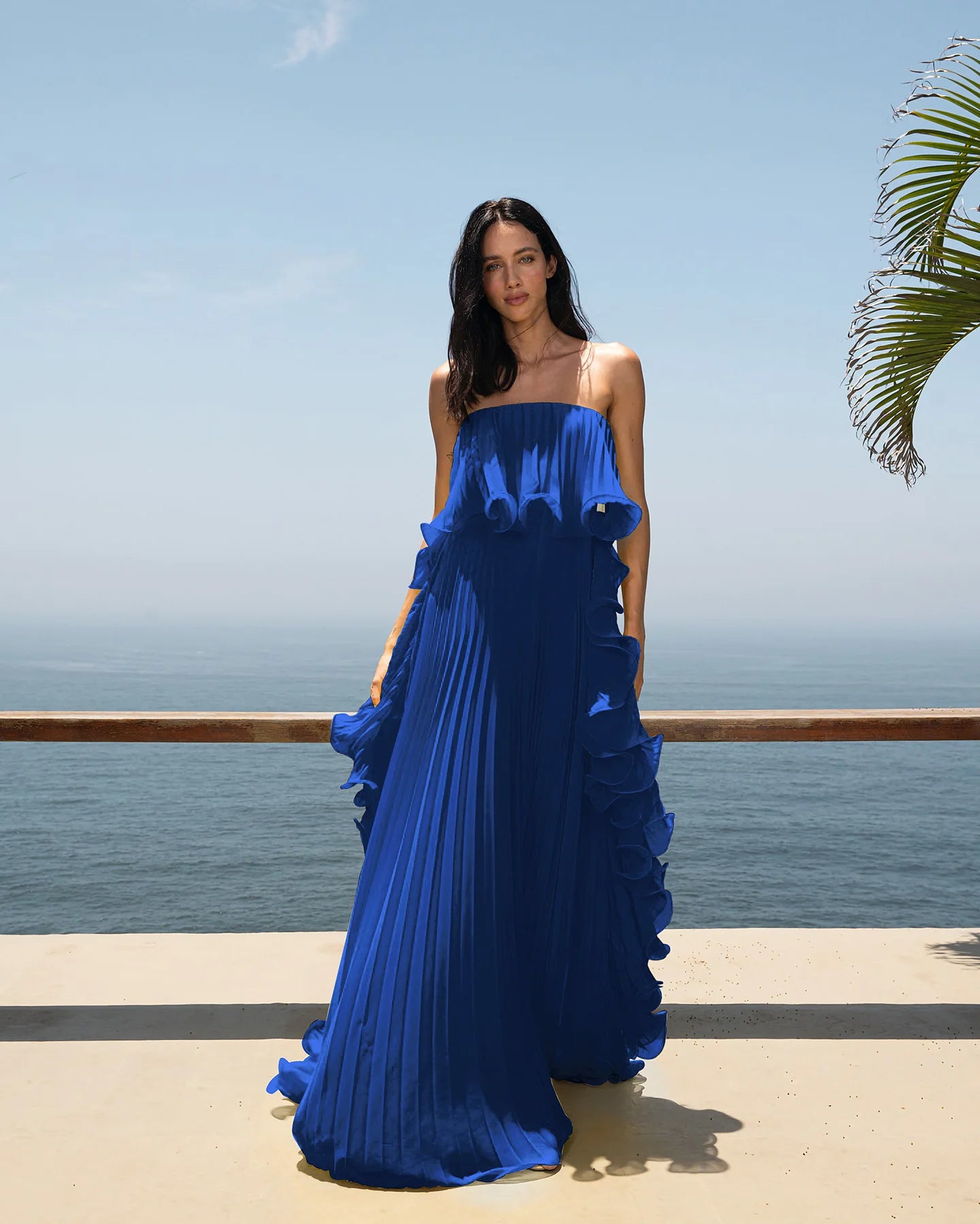 Pleated Wrap Maxi Dress - Off-Shoulder Cape Gown