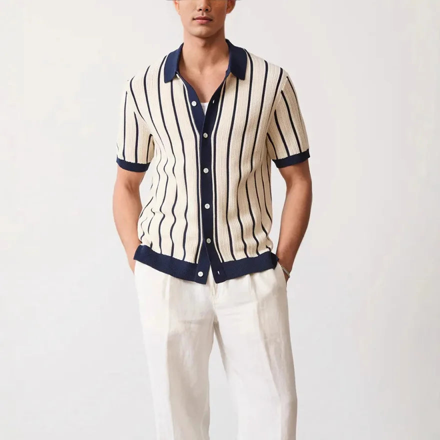 Men's Summer Striped Knit Polo Patchwork Short Sleeve Turn Down Collar Smart Casual Shirt