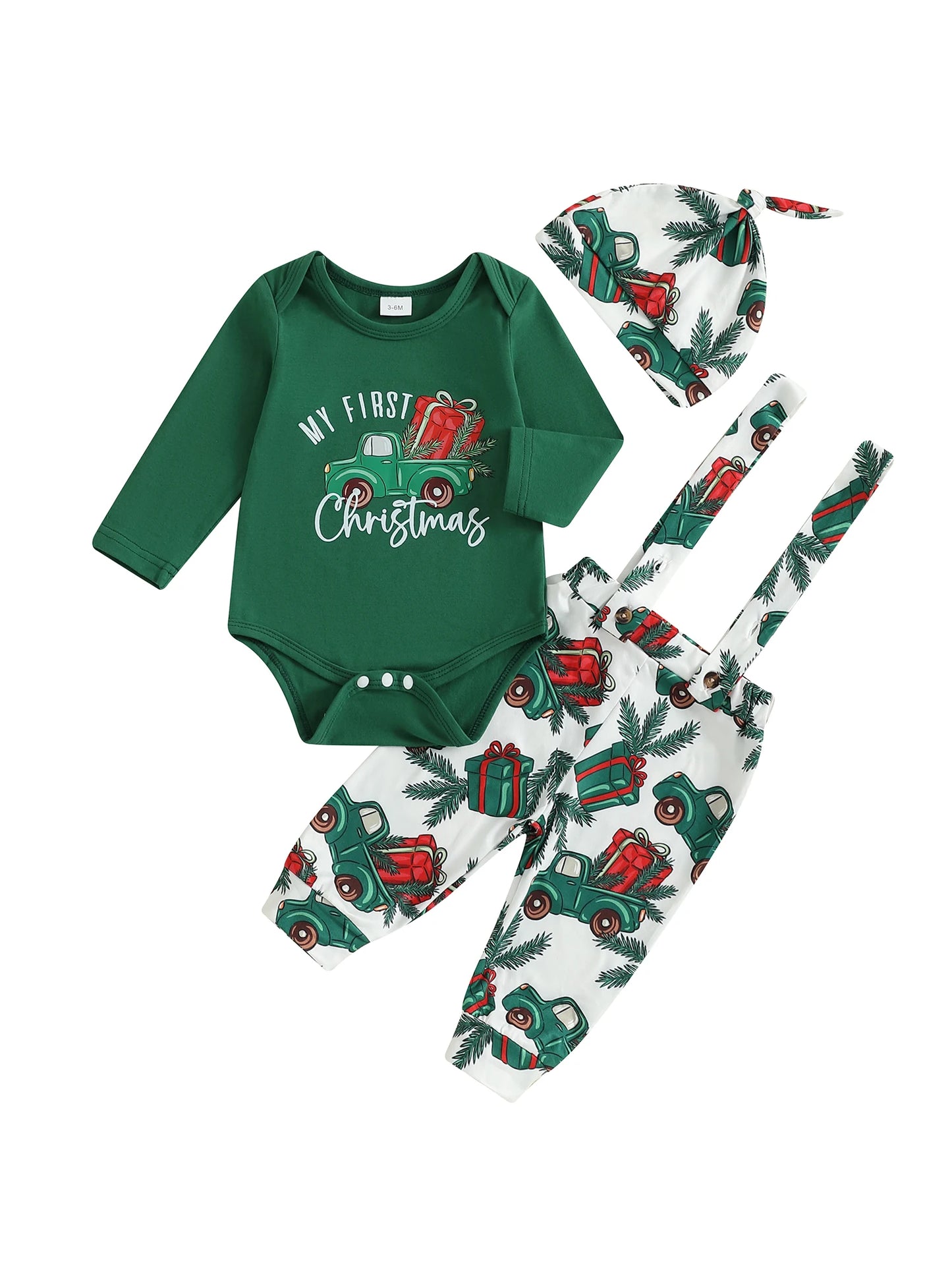 Christmas Baby Boys 3-Piece Outfit Set - Printed Romper, Overalls & Hat (0-18M)