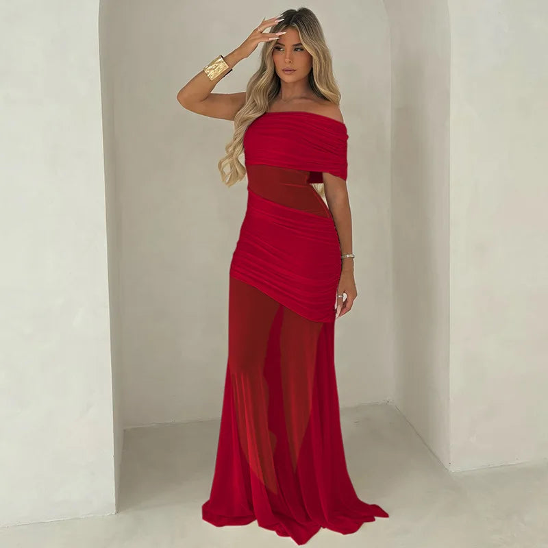Women's Off Shoulder Ruched Mesh Maxi Dress - Backless Summer Club Dress