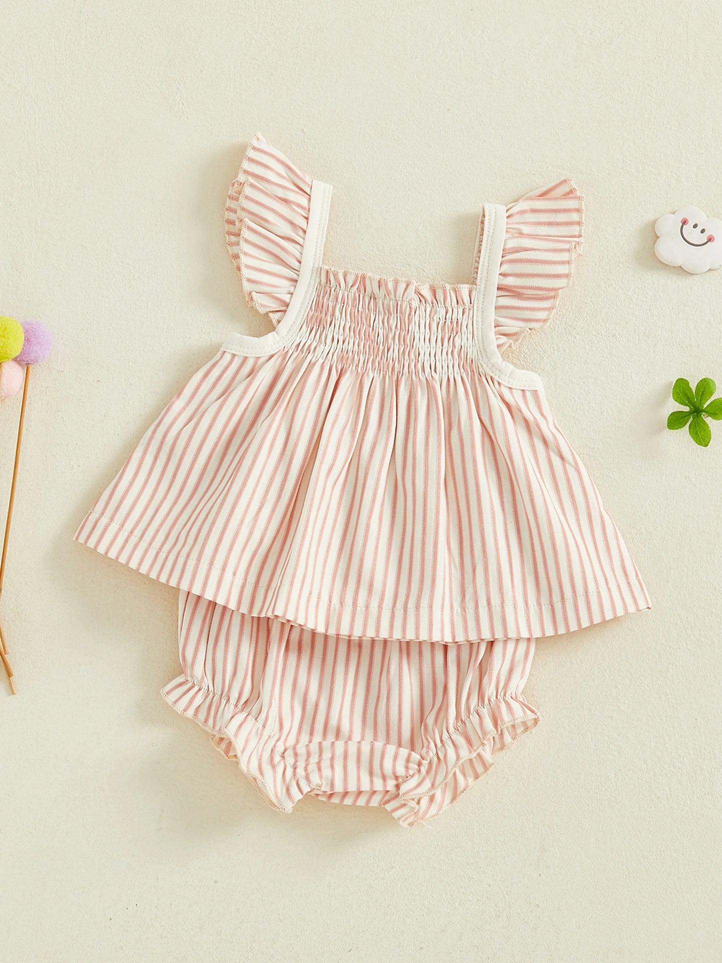 Baby Girls Striped Summer Outfit Set - Flying Sleeve Top & Shorts (0-24M)